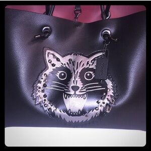 Coach Rare Black leather Tote Bag with Raccoon Design